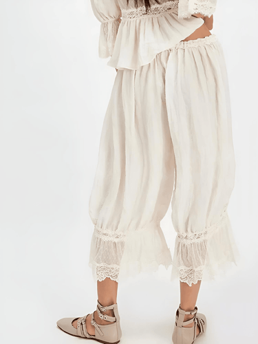 Women's Loose Fit Bloomers Y2K Cropped Pants Drawstring High Waist Floral Lace Patchwork Calf-Length Lantern Trousers, Drestiny, Casual Pants, S, M, L, United States, USA, Canada, Australia, New Zealand, United Kingdom, UK, Beige, Brown, Pink, Black, Rust Red, Green, Dark Pink, boho bloomers. lace bloomers, lace boho bloomers, shopdrestiny.com